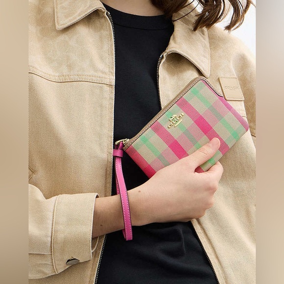 COACH® Corner Zip Wristlet With Plaid Gold/Pink Multi - Picture 1 of 5